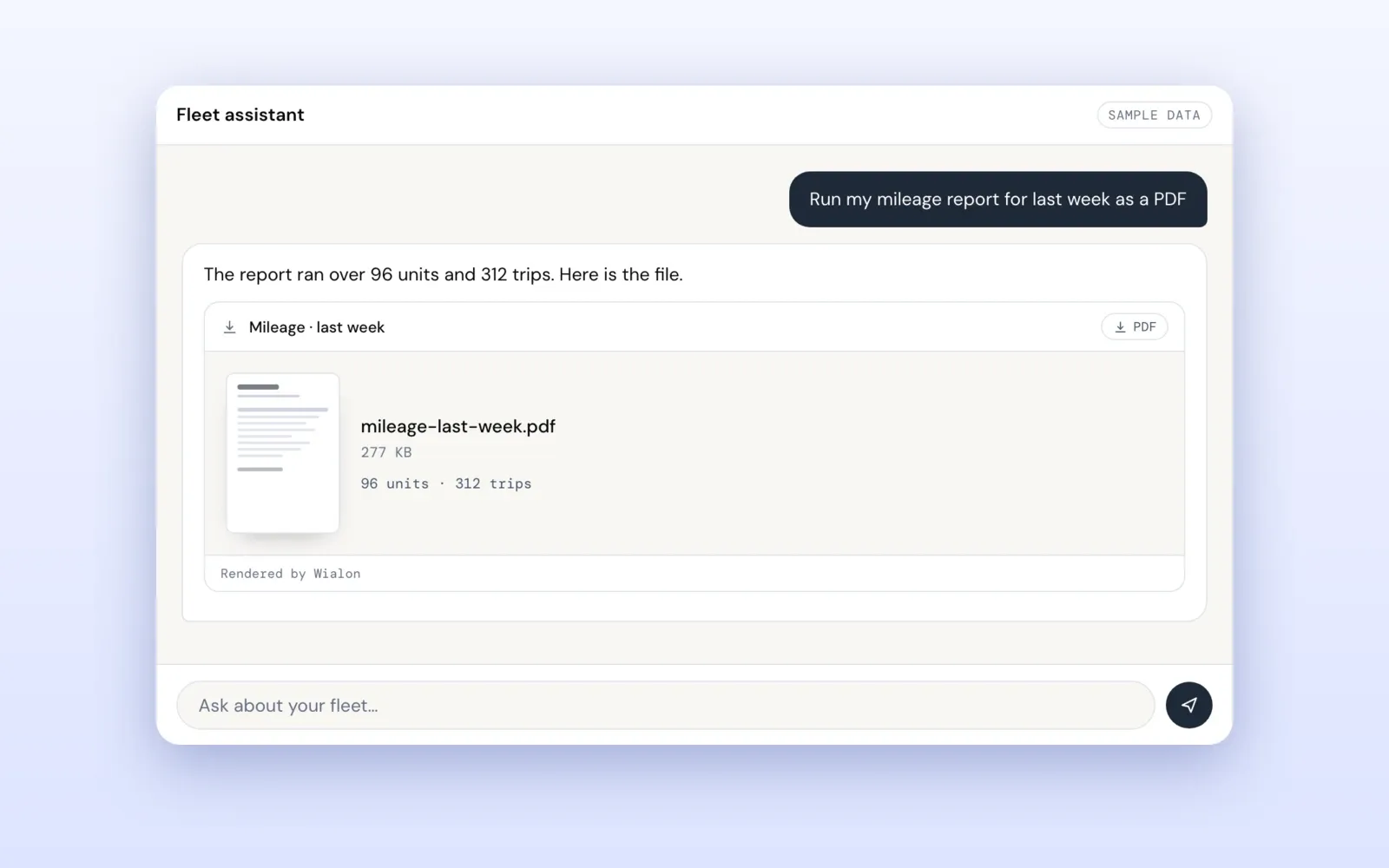 A mileage report returned as a PDF rendered by Wialon