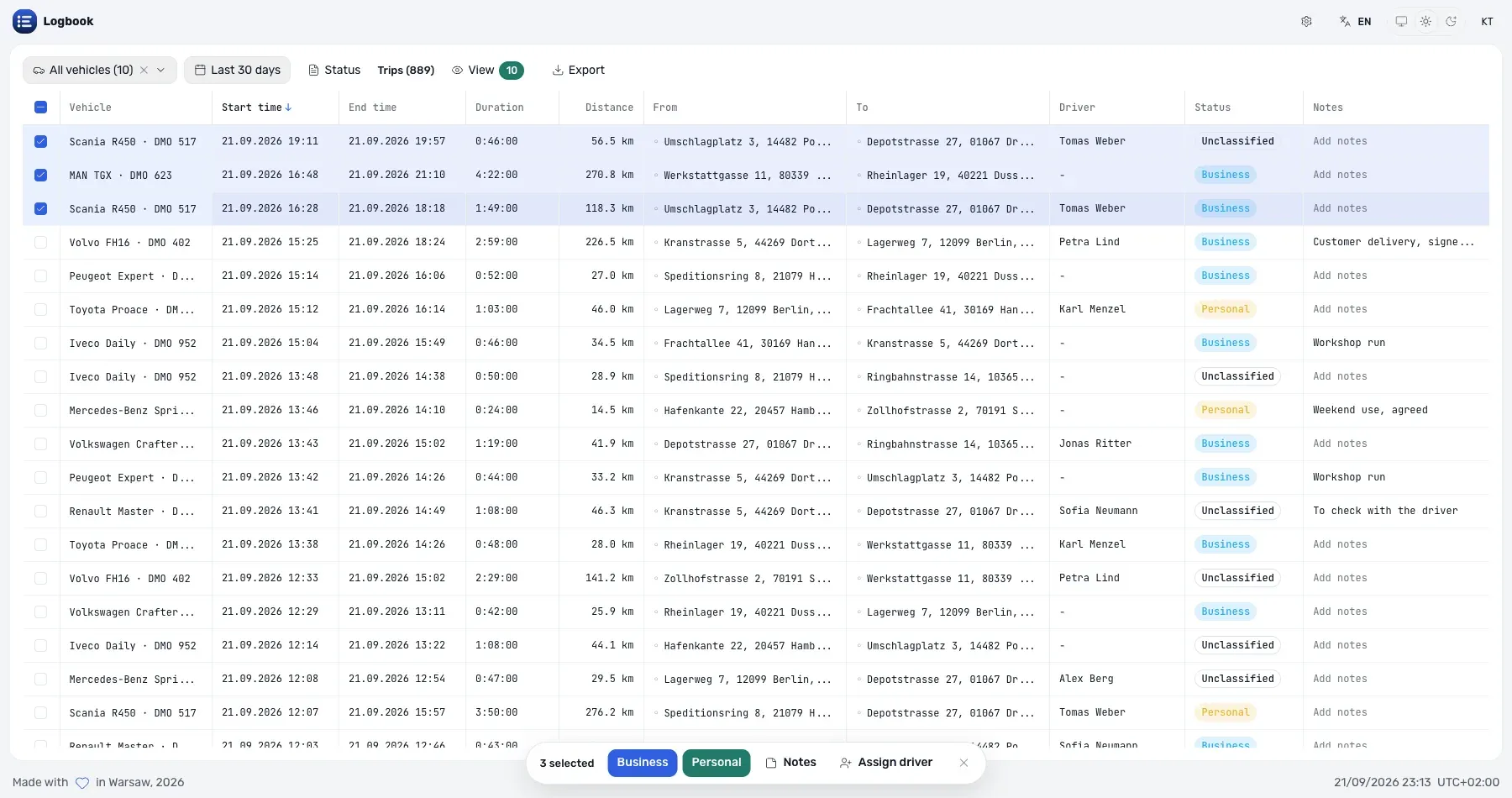 Three trips selected in Logbook, with the bulk bar offering business, personal, notes and driver assignment for the whole selection