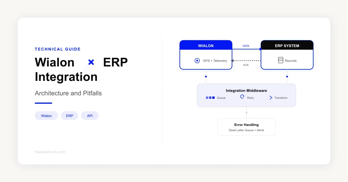 Architecture diagram showing data flow between Wialon and ERP systems with retry and reconciliation layers