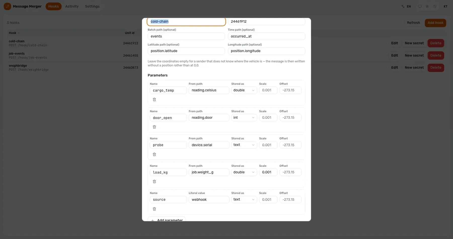 The Message Merger hook editor: a cold-chain sender's mapping turning reading.celsius, reading.door, device.serial and job.weight_g into the parameters cargo_temp, door_open, probe and load_kg on unit 24461912