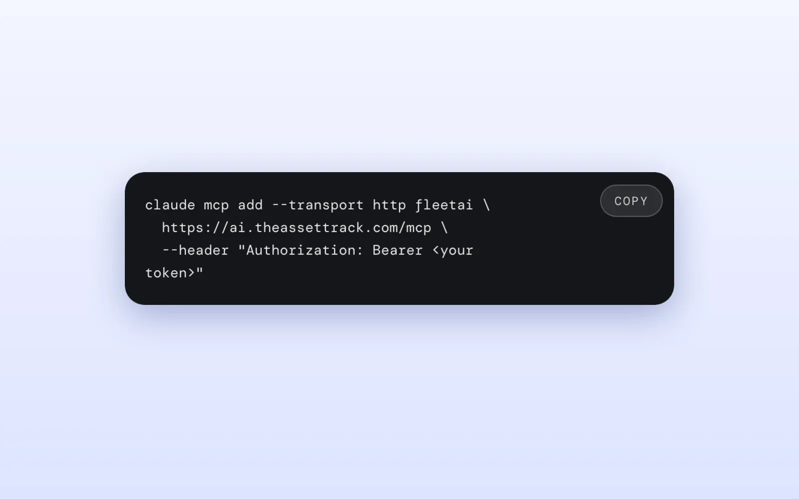 The claude mcp add command that connects Claude Code to FleetAI