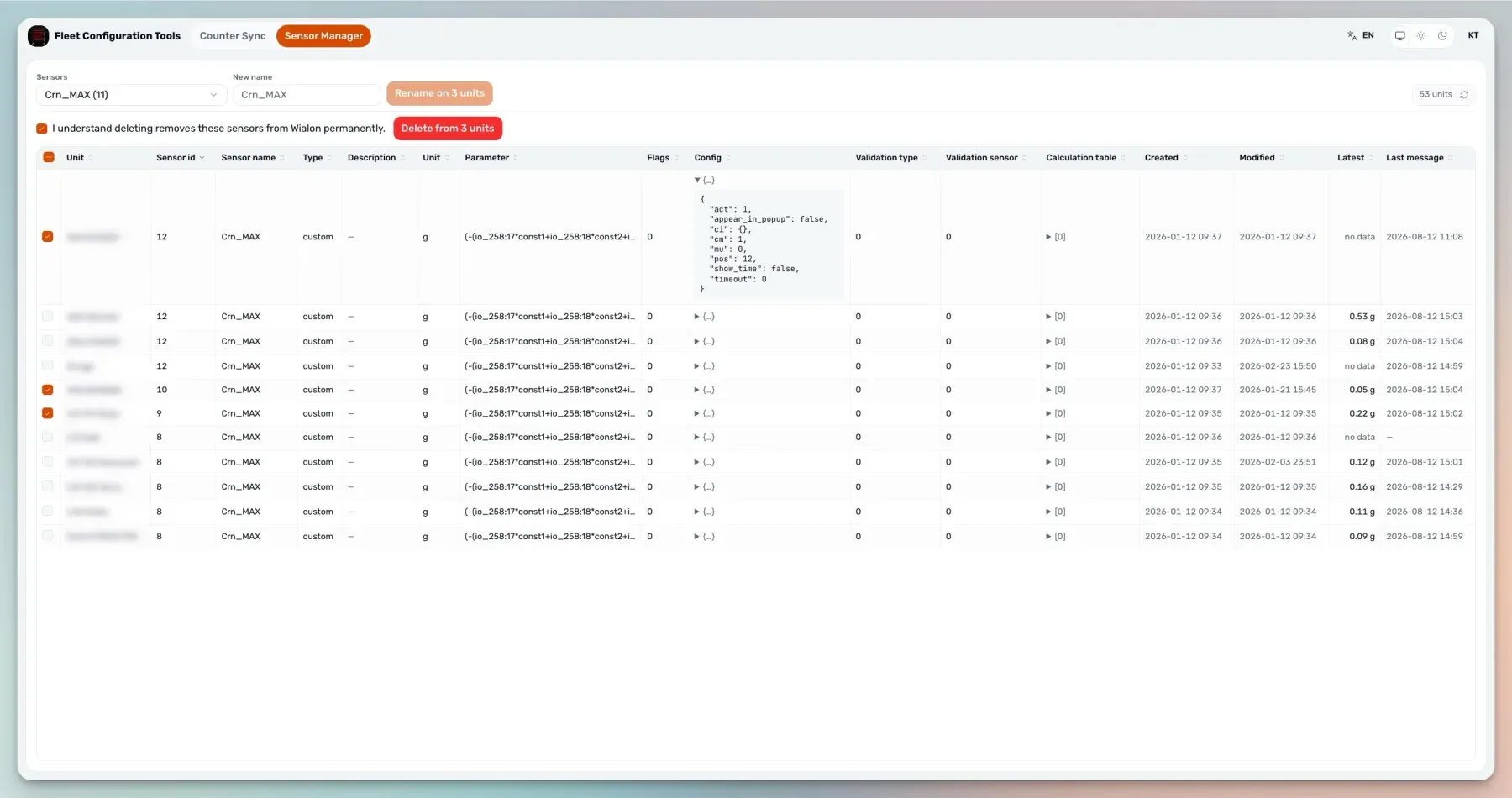 Sensor Manager listing every unit carrying the Crn_MAX sensor with its full configuration, three units selected for rename or delete