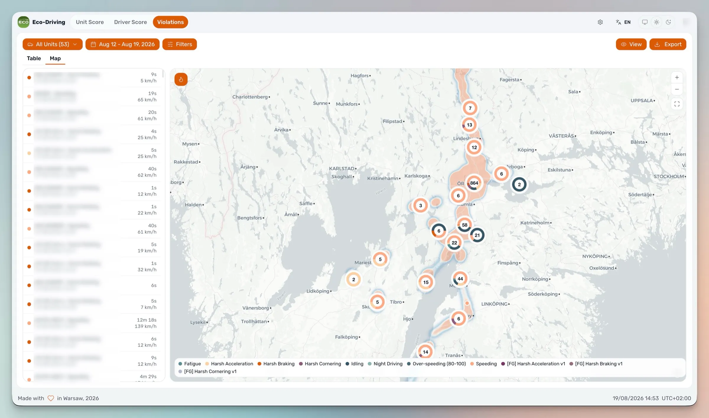 Ecodriving Violations view: a week of fleet violations across 53 units drawn as pie-chart clusters on the map, with each event's duration and maximum speed listed alongside
