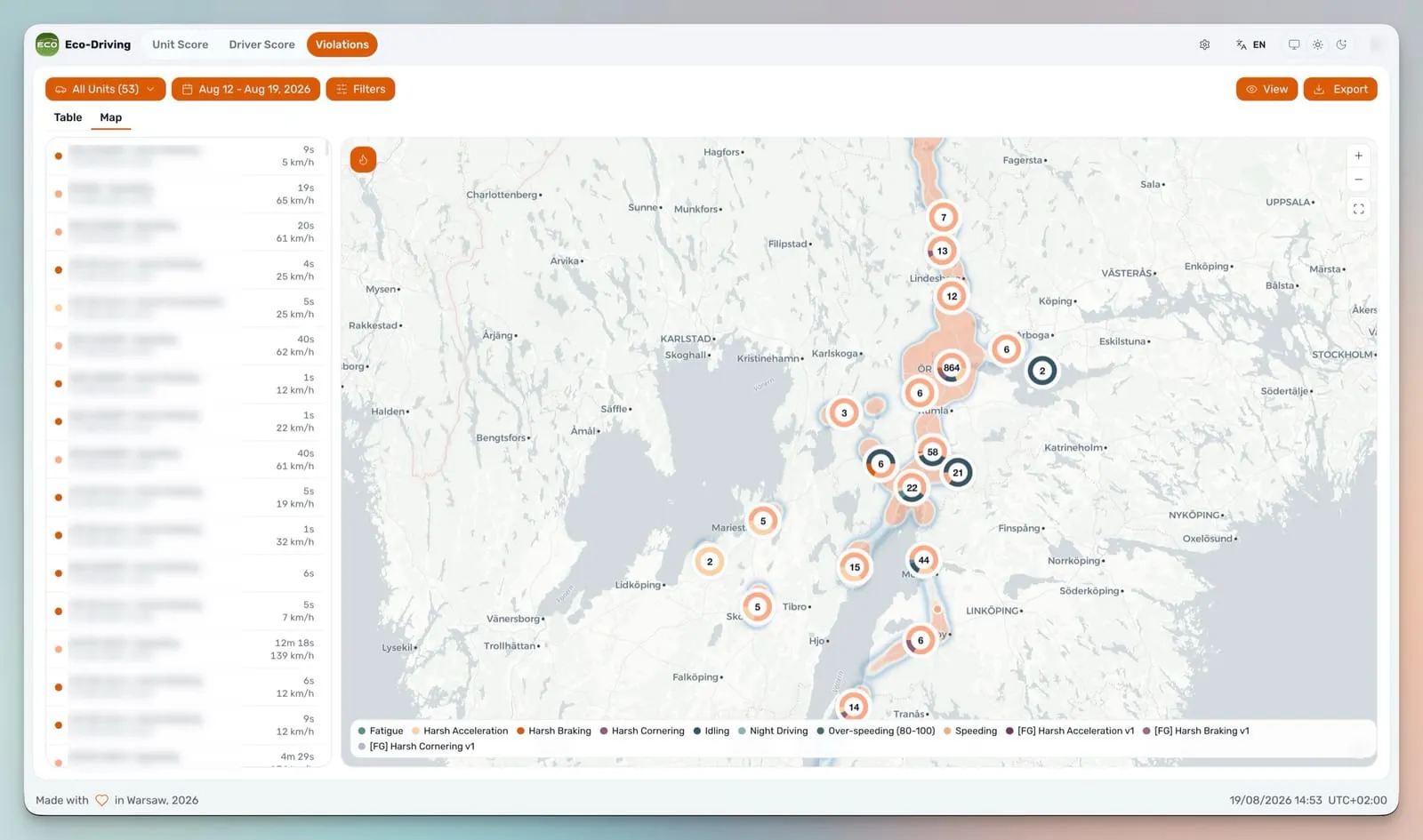 Ecodriving Violations view: a week of fleet violations across 53 units drawn as pie-chart clusters on the map, with each event's duration and maximum speed listed alongside